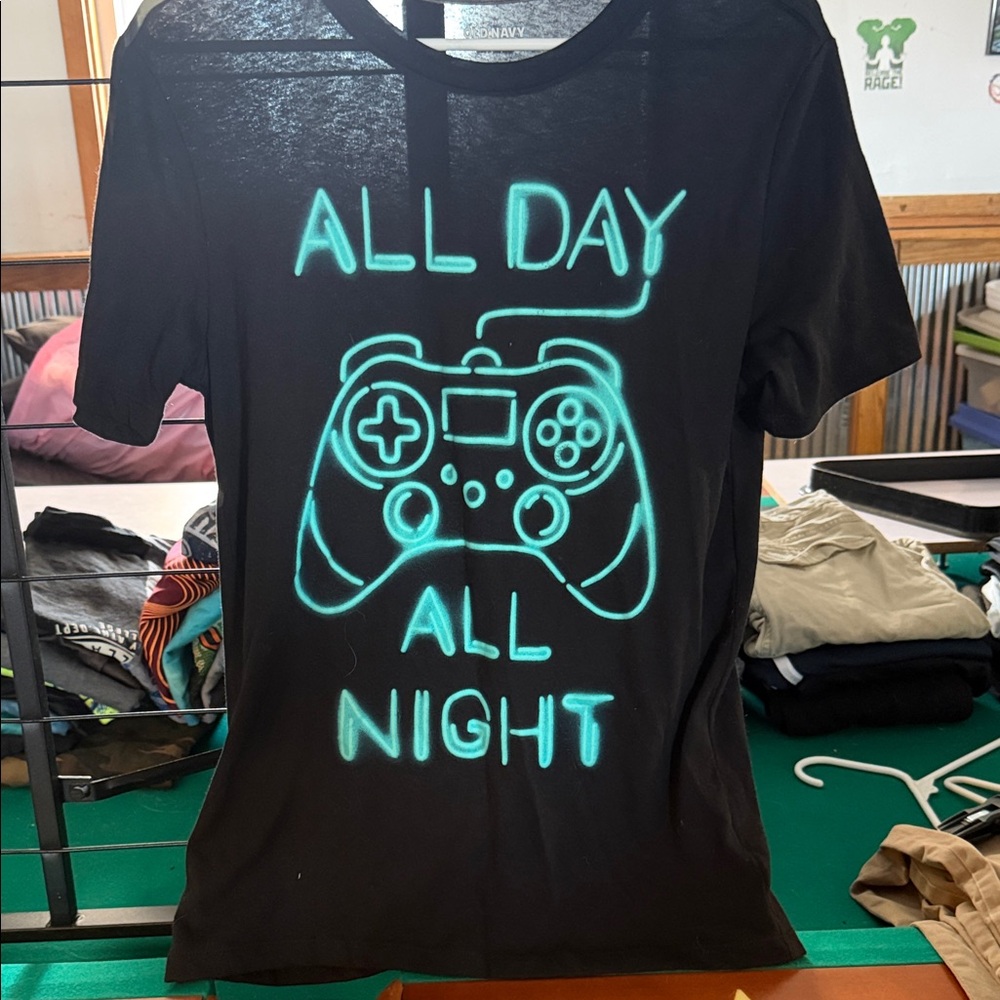 Old Navy Black Tee with Neon Blue Gaming Design
